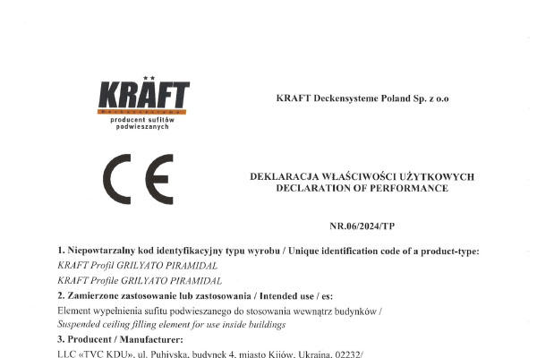 Certificate KRAFT pyramidal open cell ceiling